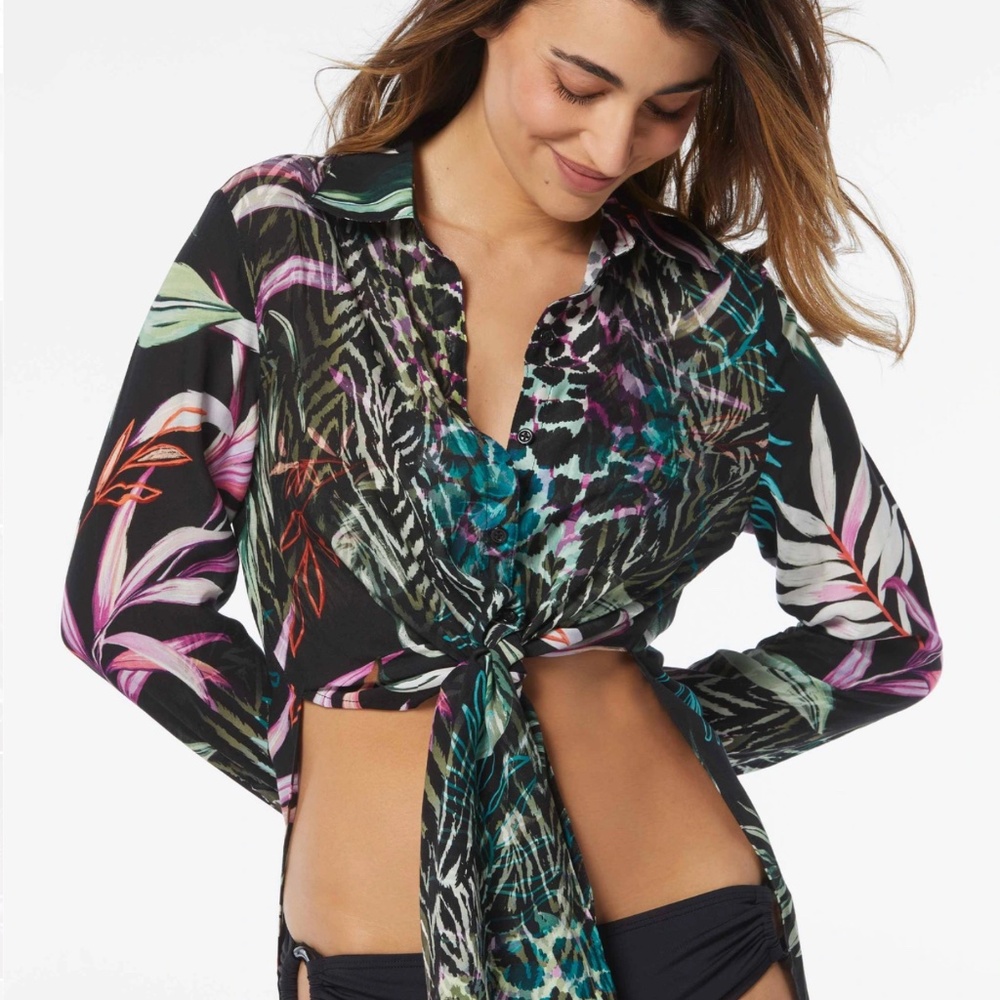 CARMEN MARC VALVO TIE FRONT SHIRT COVER UP - ORGANIC BLOOM S